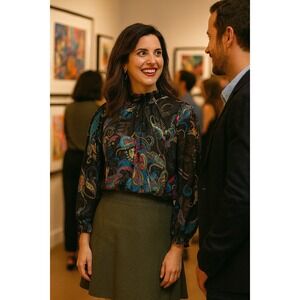 Korea Paisley XL Ruffle Semi Sheer Blouse Wearable Art Boho Colorful Career Glam